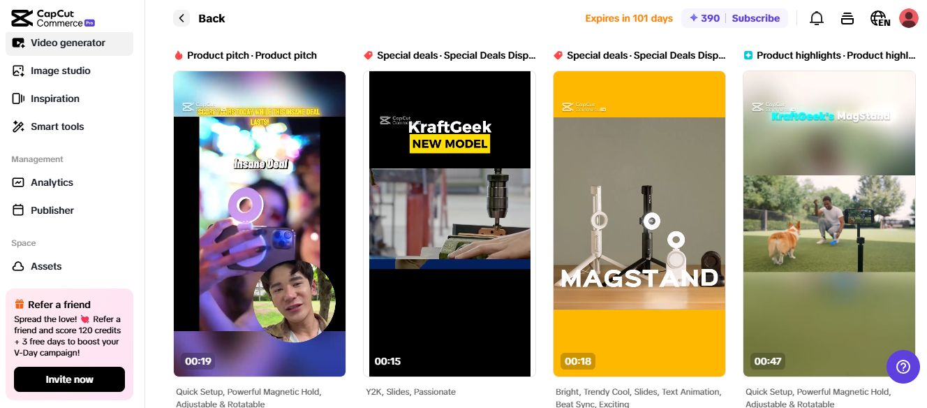 Pippit interface showing generative AI in eCommerce for creating video ads, product pitches, and special deals.